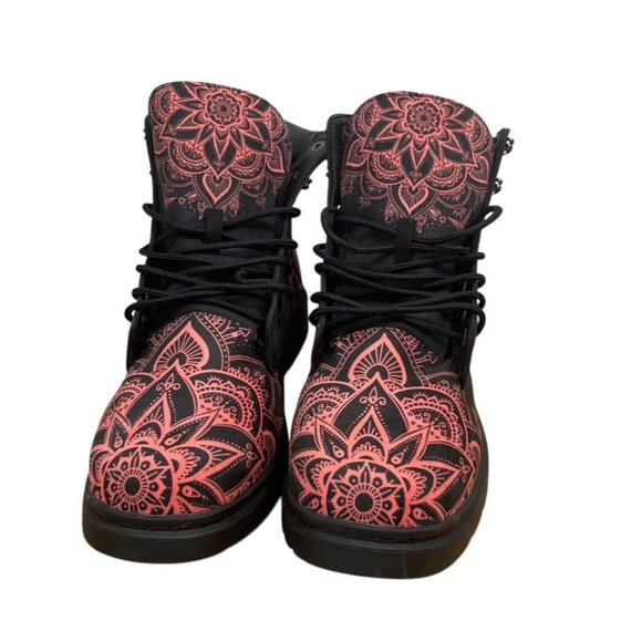 Raad Shop Black Red Boots Mens 13M w Floral Mandala Pattern Lace Up Goth Grunge - Picture 1 of 9